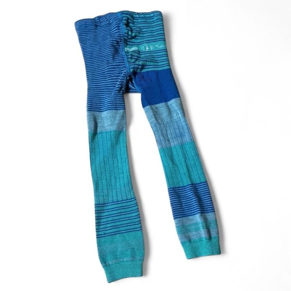 Smartwool Kids XS Blue Teal Striped Merino Wool Base Layer Footed Tights Legging